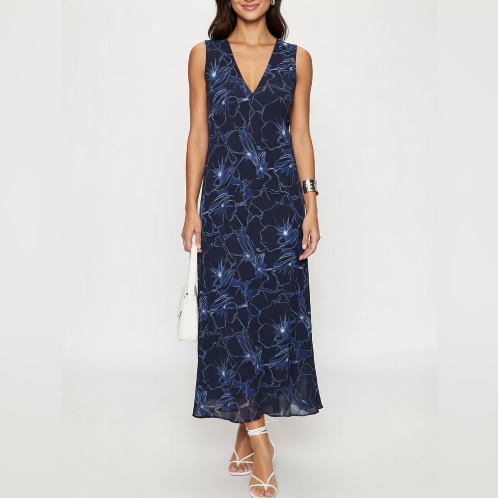 Club Monaco 100% Silk Navy Floral V-Neck Maxi Dress Size 00